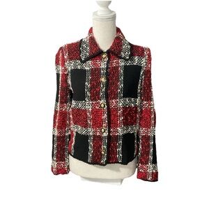 Margot Green VTG wool tweed sweater red black plaid long sleeve buttons Sz 8